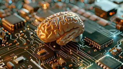 Poster - A computer circuit board with a human brain resting on top, symbolizing the integration of technology and cognition.