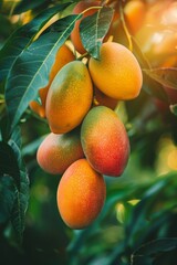 Wall Mural - juicy ripe branch mangoes, mango orchard, tropical fruit harvest