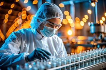 Production of medicines. A pharmacist checks medical vials on an automatic conveyor of a pharmaceutical factory production line using artificial intelligence.