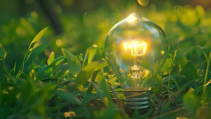 Poster - A light bulb sits on top of a vibrant, green field under the bright sunlight.