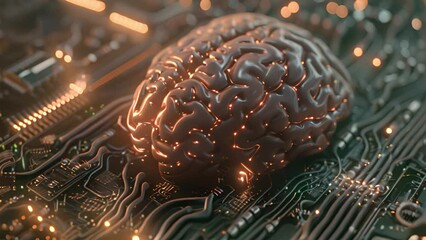 Poster - A brain rests on a computer circuit, representing the fusion of technology and biology in a conceptual image.