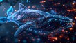 A digital painting of a whale made of glowing blue and orange particles on a dark blue background.