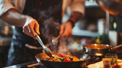 A chef is cooking a dish in a pan. He is using a pair of tongs to stir the food. The pan is on a stove.