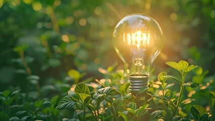 Poster - A light bulb placed on top of a vibrant, green field with lush grass and plants, creating a stark contrast between nature and technology.