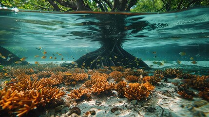 Amazing underwater world with coral reef and colorful fish.The beauty of the underwater world.