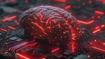 Poster - A computer circuit board displays intricate wiring while a realistic brain model rests on top, symbolizing the fusion of technology and biology.