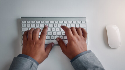 Leinwandbilder - Hands, business man and keyboard for typing in office, networking and consultant planning at desk. Fingers, professional and writing proposal or project, information and website for online research