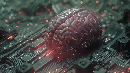 Poster - A brain sits atop a computer circuit board, suggesting artificial intelligence and technology integration.