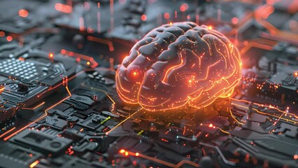 Poster - A brain sits atop a computer circuit board, symbolizing the intersection of technology and neuroscience.