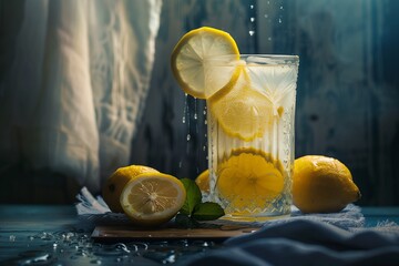 Poster - Lemon water pitcher and sliced lemons on a wooden plate, AI-generated.