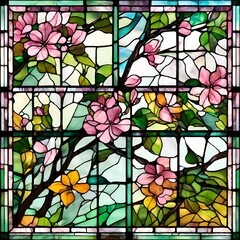 Poster - AI generated illustration of a stained glass window with pink and yellow floral designs