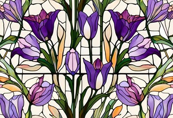 Poster - AI generated illustration of floral pattern with multiple flowers on stained glass background