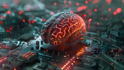 Poster - A computer circuit board with a human brain placed on top, symbolizing the merging of technology and neuroscience.