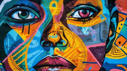 Poster - A colorful mural of a woman's face. The woman is depicted with bright colors and a variety of patterns.