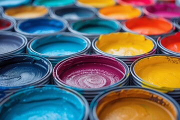 Poster - An array of open paint cans showcasing a colorful selection of pigments, highlighting the beauty and vibrancy of each hue