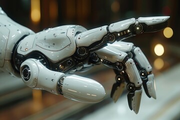 Poster - Detailed photo showing the complex engineering and elegant design of a robotic arm Focus on intricate joints and sleek, white exterior