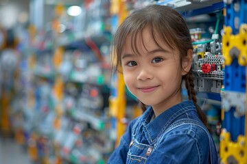 Cheerful young girl smiling in front of a store display with construction toys in the background