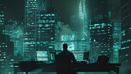 Poster - A man is seated at a desk, focused on working on a computer monitor.
