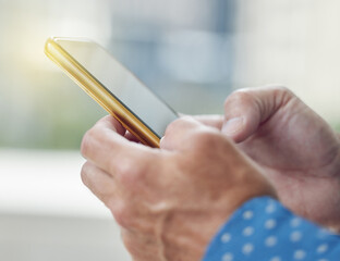 Leinwandbilder - Hands, social media and typing with smartphone in urban city for networking app. Cellphone, communication and person for mobile support, searching and technology or internet browsing online