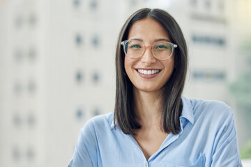 Poster - Corporate woman, portrait and glasses in city with pride for startup agency, happy and job in criminal law. Female entrepreneur, business and attorney on balcony with confidence and smile in New York