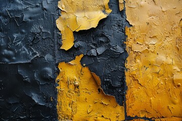 Poster - A vivid image capturing the texture of peeling yellow paint on a black wall surface