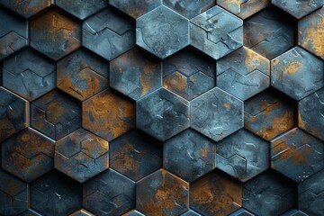 Poster - Close-up of a 3D rendered geometric pattern, hexagons in various shades of blue with realistic rust details