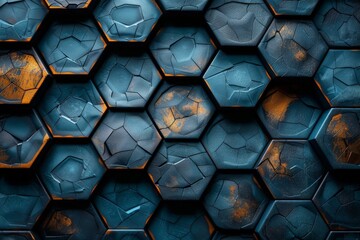 Poster - Striking close-up of a textured blue hexagonal pattern with contrasting orange rust-like patches