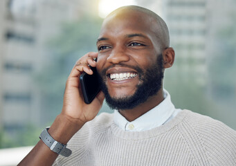 Leinwandbilder - African man, smile and phone call outdoor for business deal, contact and networking clients. Worker, smartphone and communication on balcony for conversation, talk or listening as personal assistant