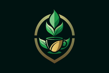 A stylish eco-friendly cafe logo featuring a coffee cup encased in leaves