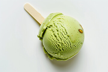 a scoop of green ice cream on a stick