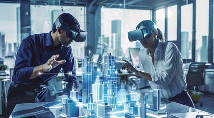 Poster - Two professionals exploring futuristic cityscape via virtual reality in modern office