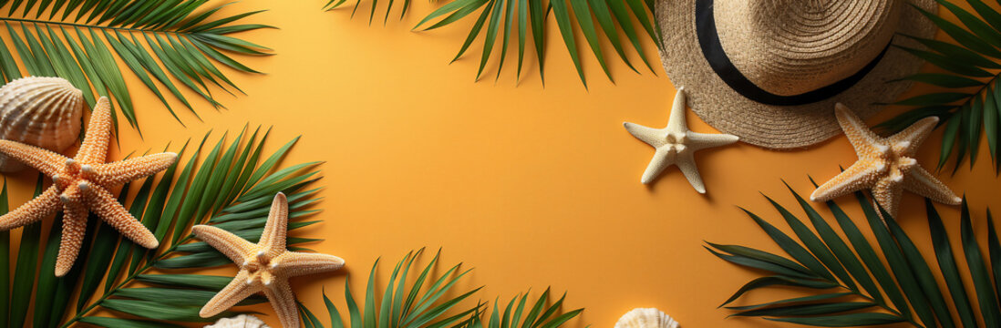 Close up of straw hat, leaves of palm and sea stars on yellow background with copy space for text. Banner. Summer vibes concept 