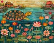 Serene and wise turtle, body decorated with lotuses, in a traditional Madhubani Bharni style, by a calm lake