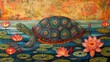 Wise and calm turtle decorated with lotus flowers, painted in traditional Madhubani Bharni style, serene lake backdrop