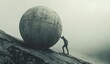 © volga - Silhouette pushing a massive sphere uphill in a misty setting