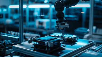 Poster - Robotic arm meticulously handling an electronic chip in a high-tech manufacturing setting