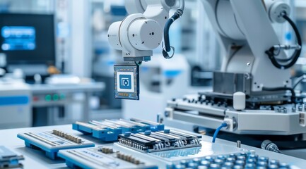 Poster - Robotic arm holding an electronic chip in a high-tech manufacturing facility