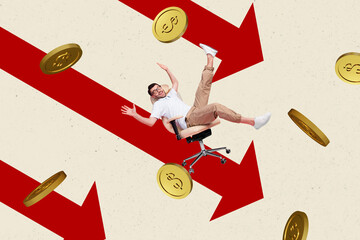 Sticker - Creative collage image young man sit armchair economy crisis currency devaluation golden coins problem drawing background