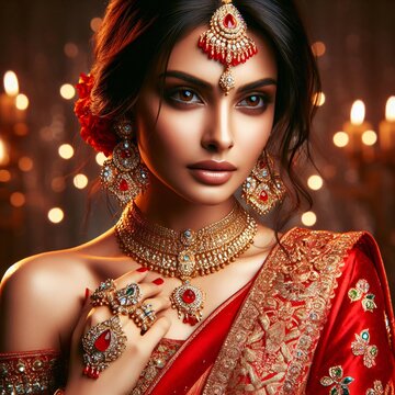 Elegant Indian Bride in Traditional Lehenga and saree with jewelry 