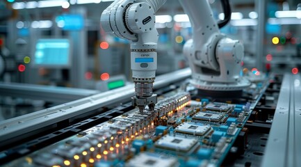 Poster - Industrial robotic arm precisely handling an electronic chip in a high-tech manufacturing facility