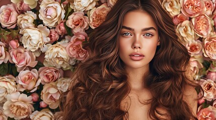 Wall Mural - A beautiful brunette model with long, shiny, wavy hair poses against a wall of flowers. Her curly hairstyle frames her face perfectly.