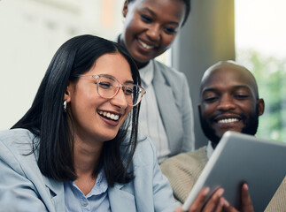 Poster - Coworking, office and people with tablet watch video on app and employees relax together on break. Happy, group and team reading email with news, info or excited for announcement of online project
