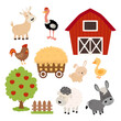 cartoon set with animals, farm building