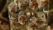 Group of fish in a glass aquarium, close-up, macro