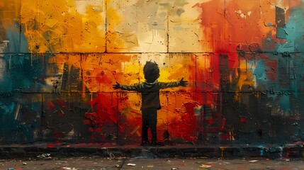 Wall Mural - A child leaving his mark on the city's walls, his graffiti art a colorful reminder that every voice deserves to be heard