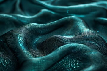 Poster - A close-up of shimmering blue textured fabric capturing light and creating a tranquil, serene atmosphere