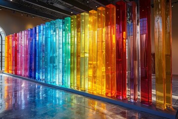 Poster - A stunning visual art installation featuring a series of tall glass panels colored in the hues of the rainbow, creating a bright and lively atmosphere