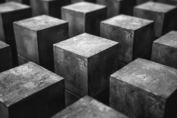 Poster - Black and white photograph showcasing an array of identical metallic cubes with a strong emphasis on geometry and pattern