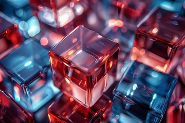 Poster - This image depicts a seamless pattern of highly detailed 3D cubic structures in red and blue tones with reflective surfaces, creating a mesmerizing visual effect
