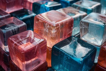 Poster - Detailed close-up of wet, multi-colored 3D cubes with a focus on texture, light, and the interaction of colors and reflections